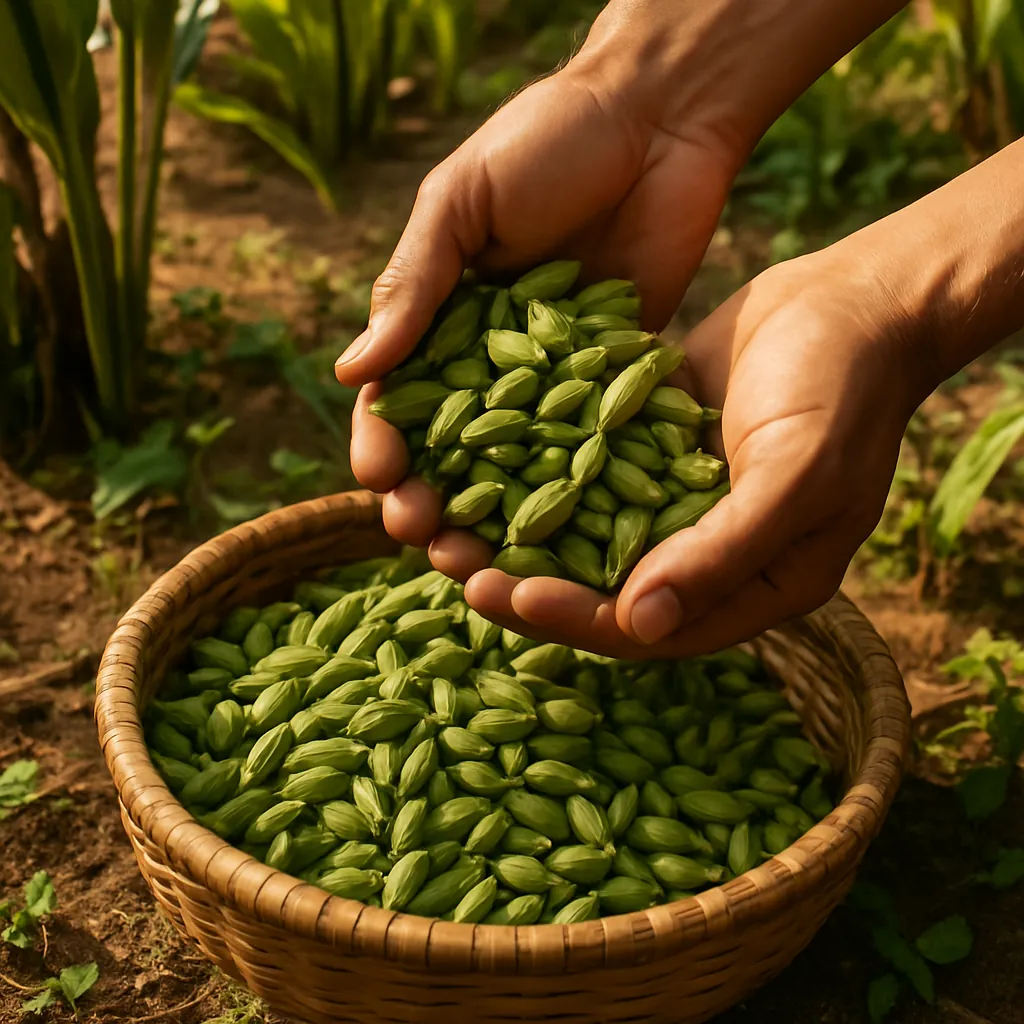 A picker hand-selecting three-quarter-ripe green cardamom capsules into a basket