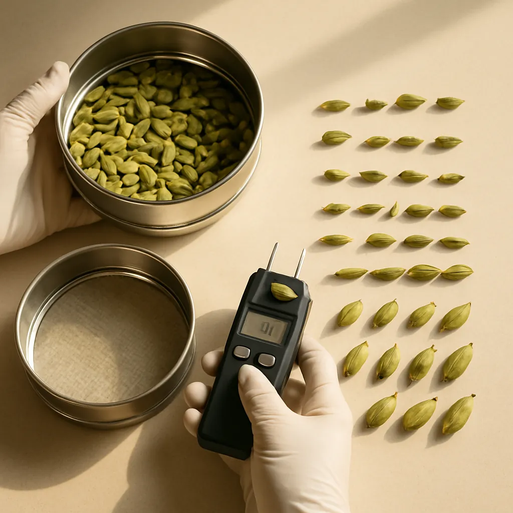 Cured green cardamom pods being inspected on a grading screen